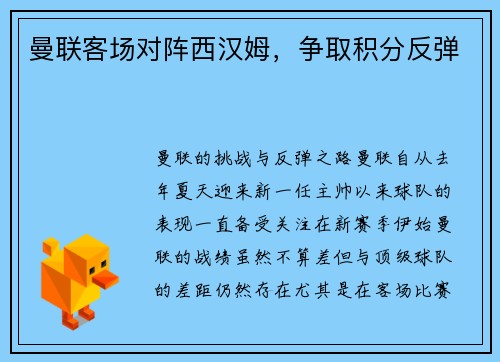 曼联客场对阵西汉姆,争取积分反弹