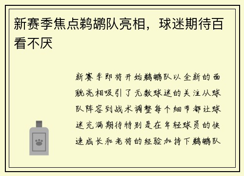 新赛季焦点鹈鹕队亮相,球迷期待百看不厌