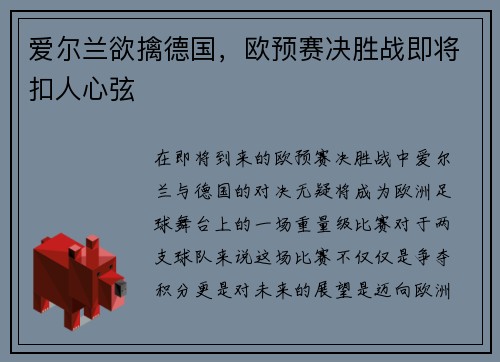 爱尔兰欲擒德国，欧预赛决胜战即将扣人心弦