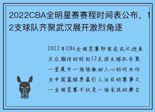 2022CBA全明星赛赛程时间表公布,12支球队齐聚武汉展开激烈角逐
