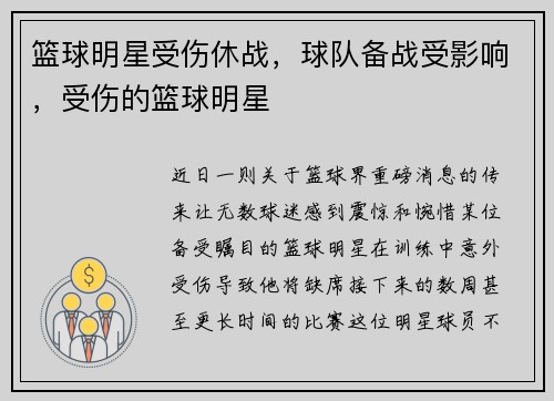篮球明星受伤休战,球队备战受影响,受伤的篮球明星