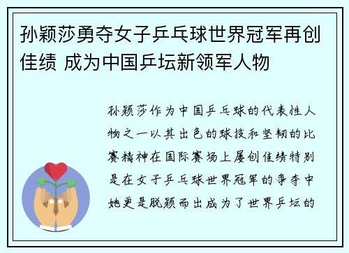 孙颖莎勇夺女子乒乓球世界冠军再创佳绩 成为中国乒坛新领军人物