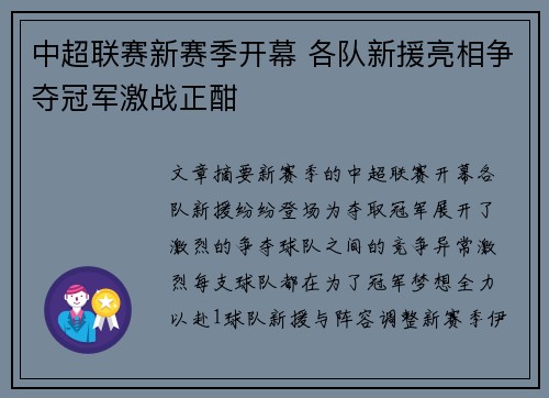 中超联赛新赛季开幕 各队新援亮相争夺冠军激战正酣